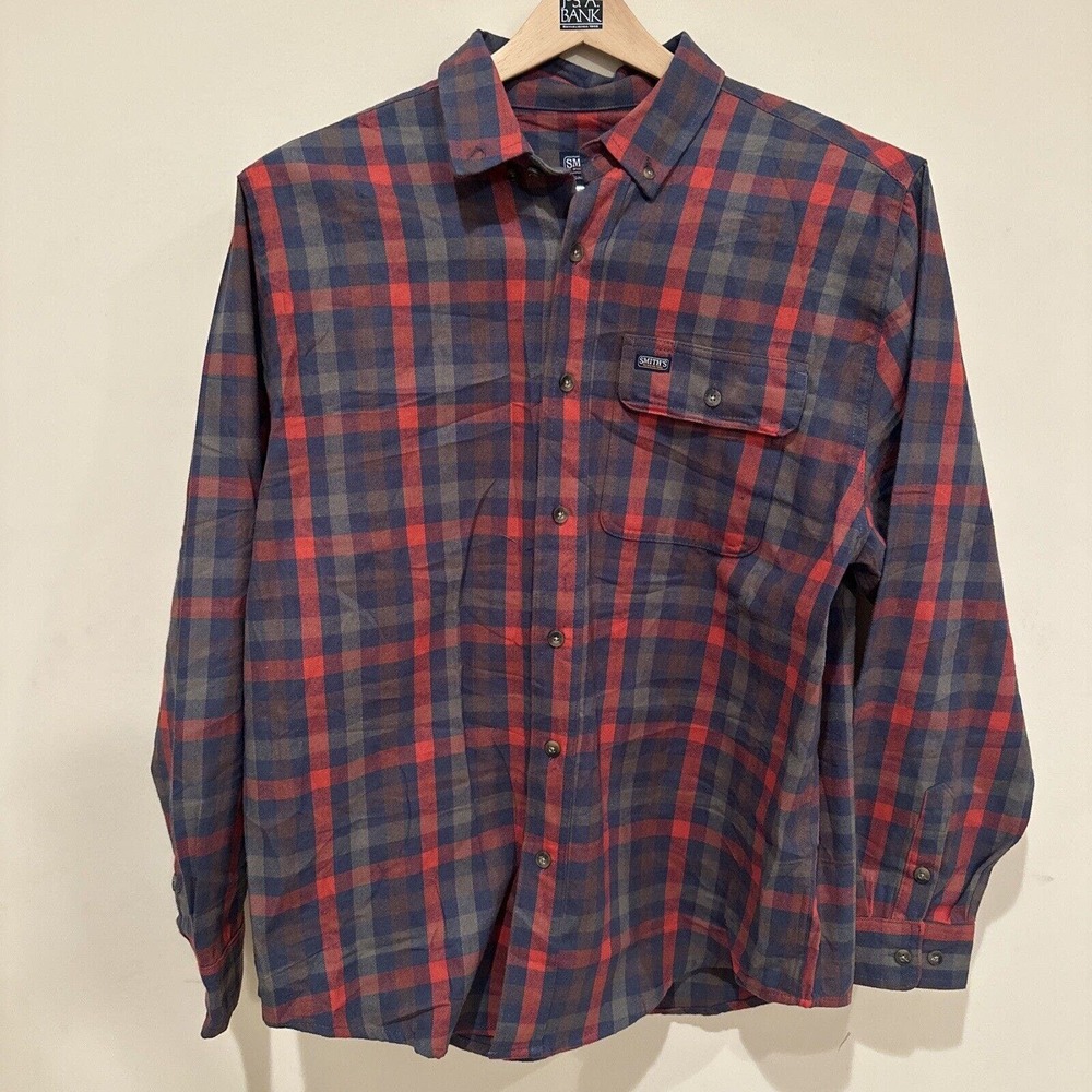 Smiths Workwear Shirt Men XL Red/Gray Long‎ Sleeve Button Down Flannel